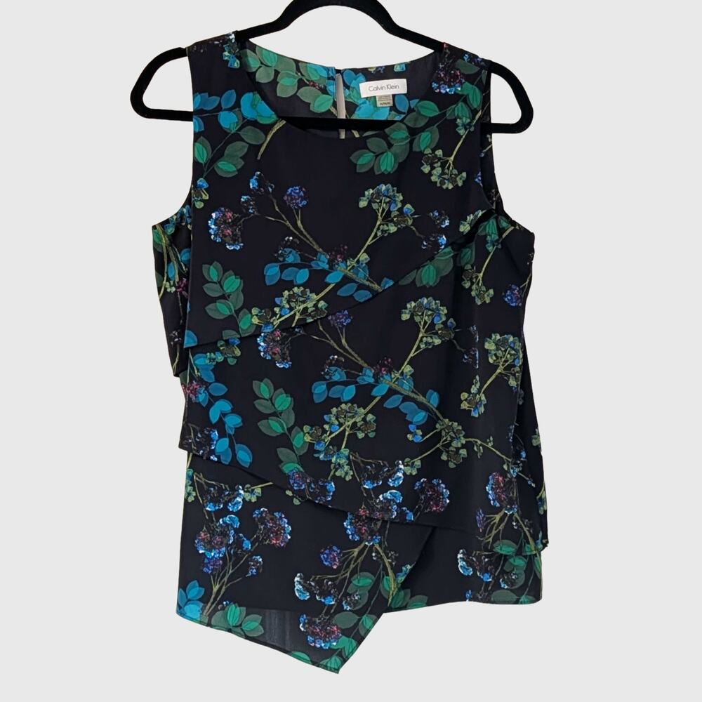 Calvin Klein Botanical Blouse M Asymmetrical Layered Whimsigoth Career Top